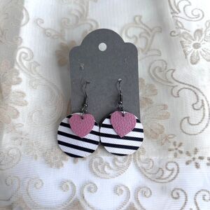 Round Black & White Striped Earrings‎ with Pink Hearts Vinyl Cut Out Cute Core